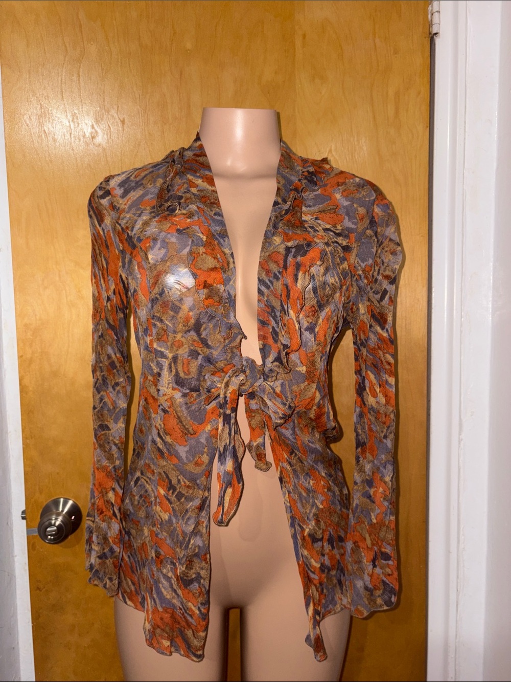 100% SILK NIC+ZOE Orange and Gray Printed Tie-Front Blouse